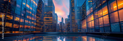 Urban skyline at dusk. Reflective cityscape of modern skyscrapers, capturing the vibrant atmosphere of a bustling metropolitan area. Ideal for architecture, business, and urban lifestyle themes.