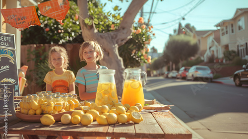 kids selling lemonade on their stand on a sunny day 