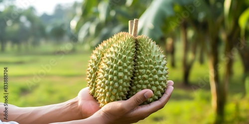 Durian Fruit Held in Hand with Blurred Background Perfect for Tropical Agriculture Articles. Concept Tropical Agriculture, Durian Fruit, Blurred Background, Exotic Produce, Farming Practices