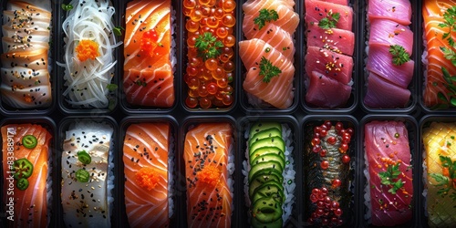 A Sushi Lovers Paradise: A Colorful Array of Fresh Fish and Rice