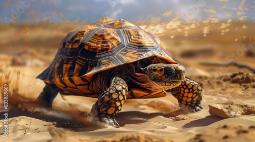 Central Asian turtle moving on the sandy terrain