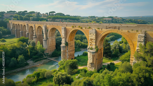 The ancient Roman aqueduct majestically spans a lush, green valley under a bright blue sky, showcasing impressive architectural prowess and historical significance.