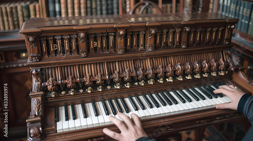 Antique organ pipe organ with carved wooden details against backdrop of an antique library