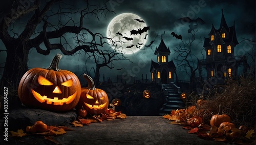 Halloween Jack Lantern pumpkin background in a scary forest with a dead tree, a terrible hunting house. Frightening mood, bats, driftwood, full moon, fog, twilight. Copy space. 