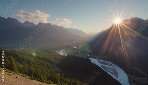 mountain landscape at dawn sunbeams in a valley rivers and forest in a mountain valley at dawn natural landscape with bright sunshine high rocky mountains banff national park alberta canada