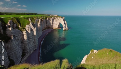 picturesque panoramic landscape on the cliffs of etretat natural amazing cliffs etretat normandy france la manche or english channel coast of the pays de caux area in sunny summer day france
