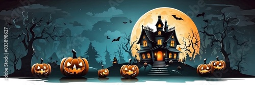 Halloween Jack Lantern pumpkin background in a scary forest with a dead tree, a terrible hunting house. Frightening mood, bats, driftwood, full moon, fog, twilight. Copy space.