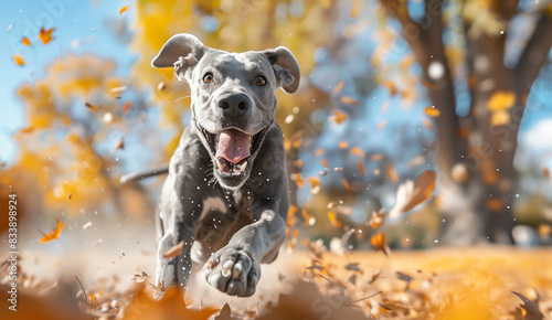 Great Dane dog joyfully running through a park with autumn leaves falling