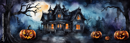 Halloween Jack Lantern pumpkin Watercolour background in scary forest with a dead tree, a terrible hunting house. Frightening mood, bats, driftwood, full moon, fog, twilight. Copy space. 
