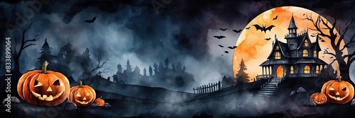Halloween Jack Lantern pumpkin Watercolour background in scary forest with a dead tree, a terrible hunting house. Frightening mood, bats, driftwood, full moon, fog, twilight. Copy space. 