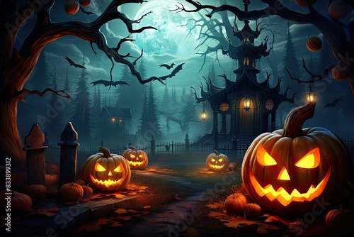 Halloween Jack Lantern pumpkin background in a scary forest with a dead tree, a terrible hunting house. Frightening mood, bats, driftwood, full moon, fog, twilight. Copy space