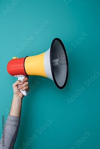 A person's hand holding a red and white megaphone against a vibrant turquoise background.