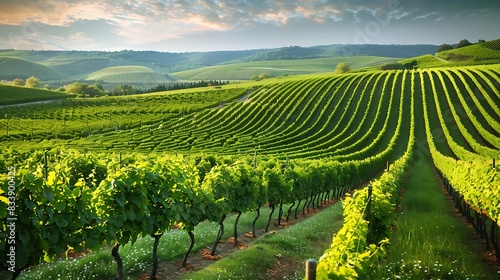 Bucolic vineyard landscape showcasing rows of grapevines on rolling hills under a clear sky at sunset. 