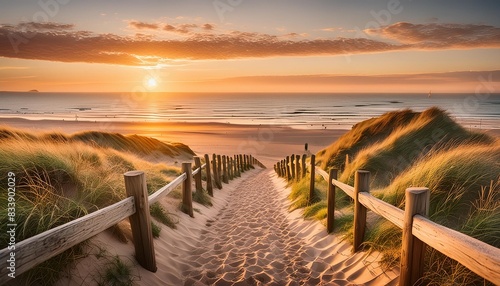 sand path to north sea coast at sunset