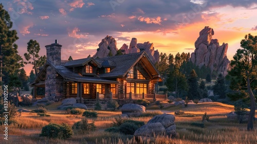 beautiful log home in colorado pine forest with large rock formations in the background at sunset, photo realistic