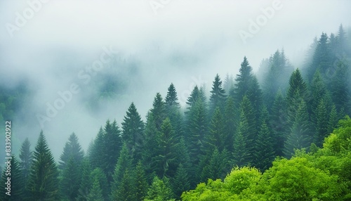 mystic foggy dark green pine tree forest landscape background