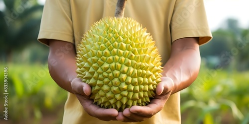 Durian Fruit Held in Hand with Blurred Background, Perfect for Tropical Agriculture Articles. Concept Tropical Fruits, Agriculture, Durian, Exotic Produce, Blurred Background