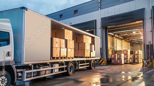 A delivery truck loaded with cardboard boxes is parked at a warehouse loading dock during sunset 