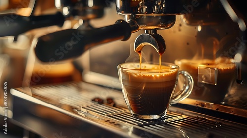 A freshly brewed espresso pours from a coffee machine into a clear glass cup against a warm, softly lit background, capturing the perfect start to the morning. 