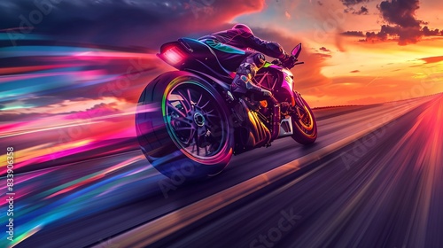 13. A high-end super motorcycle with a rainbow livery, speeding down an open road with a dramatic, colorful sunset in the background, emphasizing speed and celebration