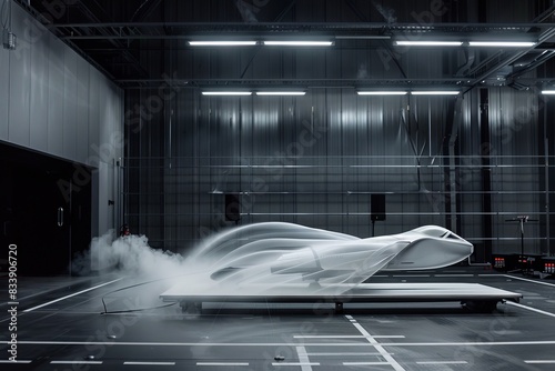 A white aircraft sits on a platform in a wind tunnel, with smoke trailing behind it. The smoke swirls and dances in the air, creating a dramatic and abstract scene.