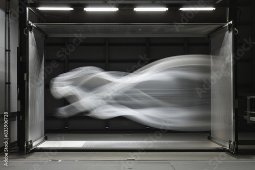 A dramatic shot of smoke trails swirling around a car in a wind tunnel, capturing the beauty and complexity of aerodynamics.