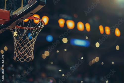 A close-up shot of a basketball hoop with a blurred background of stadium lights and a crowd.