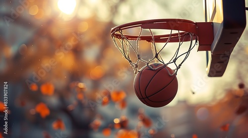 A basketball scoring a point through a hoop against a warm, sunlit bokeh background. 