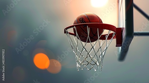 A basketball is captured mid-score as it passes through the hoop against a blurred background at dusk 