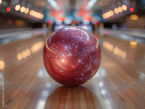 A bowling ball with a galaxy pattern sits on the lane.