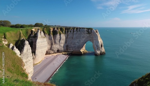 picturesque panoramic landscape on the cliffs of etretat natural amazing cliffs etretat normandy france la manche or english channel coast of the pays de caux area in sunny summer day france