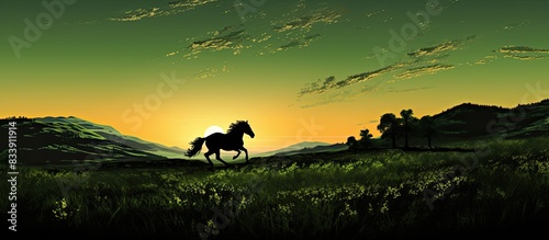 A silhouette of a horse trotting over lush green grass at sunset, creating a serene scene with a captivating backdrop of the sky with copy space image.