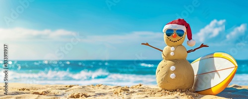 Smiling Santa sandy snowman in red santa hat and stylish sunglasses smiling on the sea beach with copy space, concept of winter holiday, Merry Christmas, happy summer time.