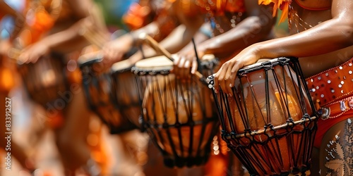 Tambourines in samba parade at Brazilian street carnival. Concept Brazilian Samba, Street Parade, Carnival Vibes, Tambourine Tunes, Colorful Costumes