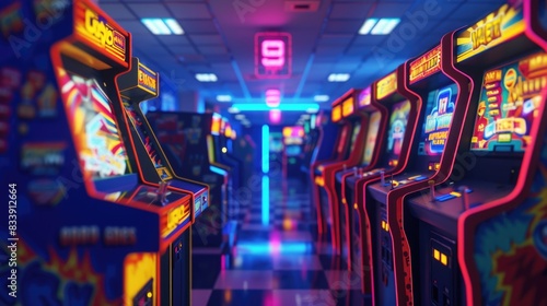 Row of vintage arcade machines in a retro-style room