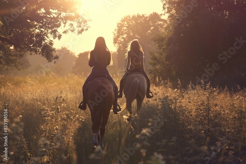 Two women ride horses through a field of tall grass, a peaceful scene with nature