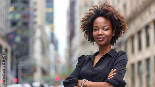 copy space, stockphoto, professional business woman, african american, confident positive female entrepreneur standing outdoor in street, skycrapers in background. Black succesfull businesswoman posin