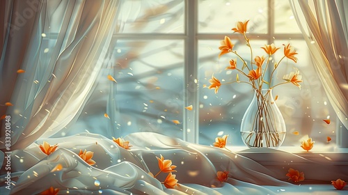 Serene morning scene with orange flowers in a vase by a window, soft light filtering through sheer curtains, creating a peaceful atmosphere.