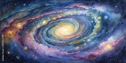 Watercolor painting of a spiral galaxy filled with billions of stars , space, stars, astronomy, universe, celestial, cosmic, spiral, galaxy, watercolor, art, painting, vibrant, colorful