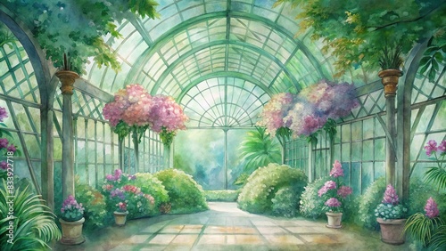 Lush greenery and vibrant blossoms fill a serene conservatory setting, botanical, plants, foliage, leaves, flowers, vibrant, colorful, lush, serene, peaceful, indoor garden, gardening