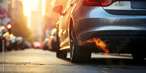 Close-up shot of a car exhaust pipe in a traffic jam with the engine running. Concept Car Exhaust, Traffic Jam, Close-up Shot, Engine Running, Pollution