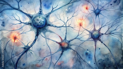 Abstract watercolor painting depicting the transmission of electrochemical signals between neurons , neurons, electrochemical, signals, interaction, abstract, watercolor, painting, science