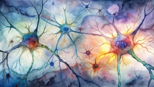 Abstract watercolor painting depicting the transmission of electrochemical signals between neurons , neurons, electrochemical, signals, interaction, abstract, watercolor, painting, science