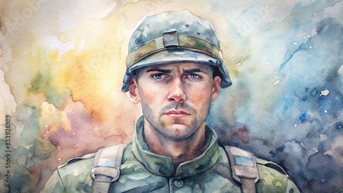 Watercolor of Army Rangers USA with a camouflage background, military, soldiers, special forces, tactical, American, elite, combat, camouflage, weapons, uniform, training, operations