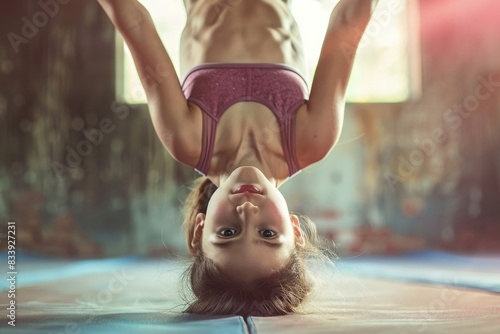 Young girl performing a handstand on a gymnastics mat