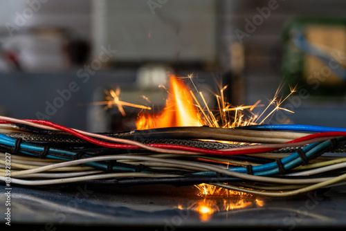 Flames, sparks, smoke between electrical cables, closeup. Short circuit in the twisted wires from the electrical devices, fire hazard concept