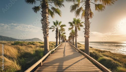 tropical wooden path with palms at the ocean