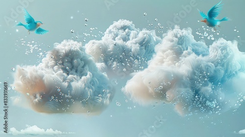 An artistic creation of three fluffy clouds, each embellished with shimmering water droplets. Among these clouds, cute blue birds with feathery softness fly, enhancing the dreamy quality of the scene.