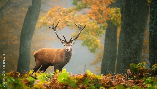 beautiful image of red deer stag in foggy autumn colorful forest