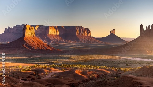 panorama of the scenic monument valley illuminated by sunset from hunts mesa in american southwest